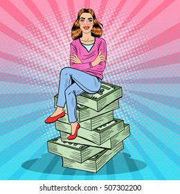 Pop Art Young Rich Woman Sitting on a Stack of Money. Vector illustration