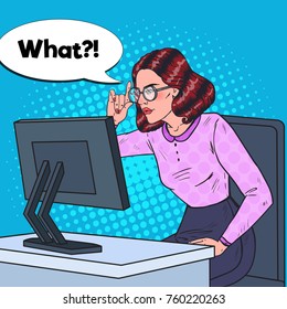 Pop Art Young Weak-Eyed Business Woman in Eyeglasses Working at the Computer. Vector illustration