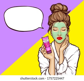 Pop art young woman with closed eyes in white bathrobe with green cosmetic mask on face and tube in hand, vector illustration on bright background. Girl relaxes, enjoys the spa, empty speech bubble.
