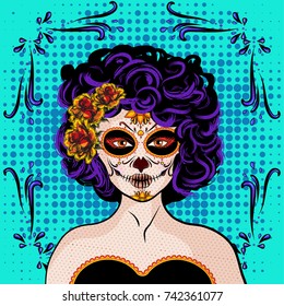 Pop Art Young woman comics icon. Day of The Dead festival/Halloween colorful sugar Skull with floral ornament. vector illustration.
