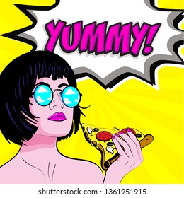 Pop Art Young woman Eating Pizza  - YUMMY! sign. vector illustration.