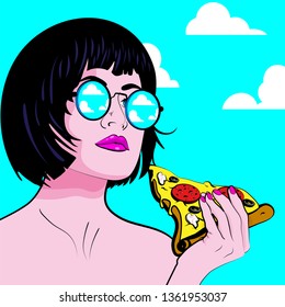 Pop Art Young woman Eating Pizza  - YUMMY! vector illustration.