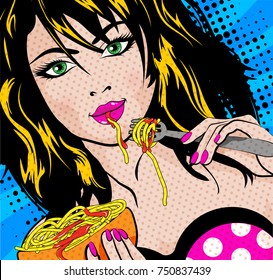 Pop Art Young woman Eating Spaghetti  -  vector illustration.
