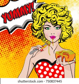 Pop Art Young woman Eating Spaghetti  - YUMMY! sign. vector illustration.
