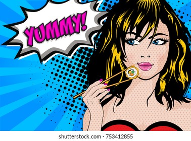 Pop Art Young woman Eating Sushi  - YUMMY! sign. vector illustration.