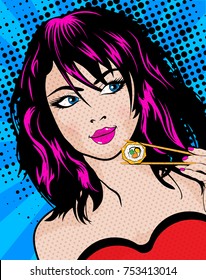 Pop Art Young woman Eating Sushi. vector illustration.