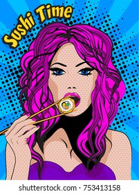 Pop Art Young woman Eating Sushi  - Sushi Time! sign. vector illustration.
