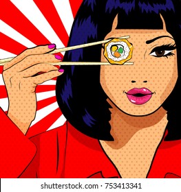Pop Art Young woman Eating Sushi. vector illustration.