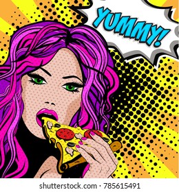 Pop Art Young woman Eating Pizza  - YUMMY! sign. vector illustration.