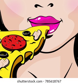 Pop Art Young woman Eating Pizza. vector illustration.