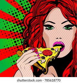 Pop Art Young woman Eating Pizza. vector illustration.