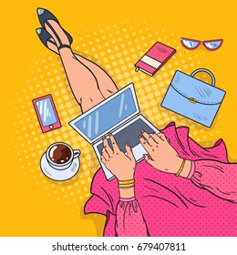 Pop Art Young Woman With Laptop. Work At Home. Vector Illustration