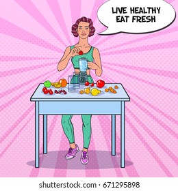 Pop Art Young Woman Making Smoothie in Blender with Fresh Fruits. Healthy Eating. Dieting Vegetarian Food. Vector illustration
