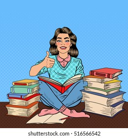 Pop Art Young Woman Sitting on the Library Table and Reading Book with Hand Sign Thumb Up. Vector illustration
