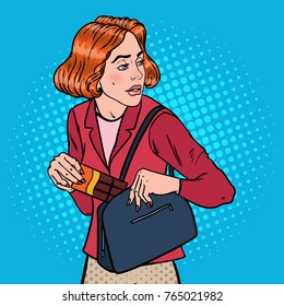 Pop Art Young Woman Stealing Food in Supermarket. Shoplifting Kleptomania Concept. Vector illustration