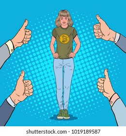 Pop Art Young Woman Wearing in T-shirt with Bitcoin Print with Hands Thumbs Up. Crypto Currency Business. Vector illustration