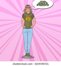 Pop Art Young Woman Wearing in T-shirt with Bitcoin Print Dreaming about Big Money. Crypto Currency Business. Vector illustration