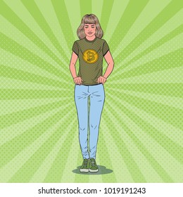 Pop Art Young Woman Wearing in T-shirt with Bitcoin Print. Crypto Currency Business. Vector illustration