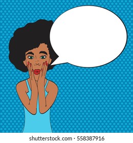 Pop art young woman's face with an open mouth and big bulging eyes. black woman surprised retro woman in comic style. Vector illustration.