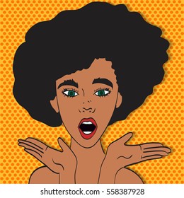 Pop art young woman's face with an open mouth and big bulging eyes. black woman surprised retro woman in comic style. Vector illustration.