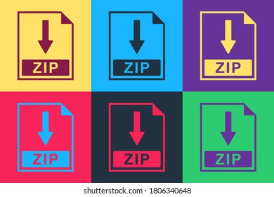Pop art ZIP file document icon. Download ZIP button icon isolated on color background. Vector.