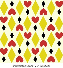 Pop art-inspired pattern with bold card suit shapes in yellow, red, and black. Eye-catching and perfect for playful prints or bold packaging. Seamless Geometric Modern Diamond And Heart for Wallpaper