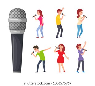 Pop artists or performers, celebrities sing songs and musical electric device. Men and women singing, microphone and singers isolated vector characters