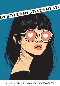 Pop art-style woman wearing heart-shaped sunglasses and bold text. Fashion and individuality concept,vector illustration
