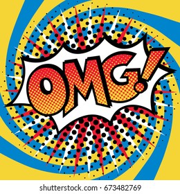 Pop Art-styled cartoon OMG! text design with halftone effects on a spiral background.
