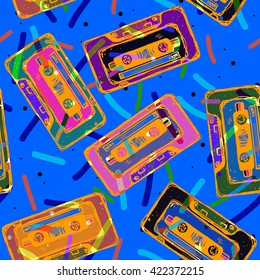 Pop audio background. Cassette tape seamless pattern.