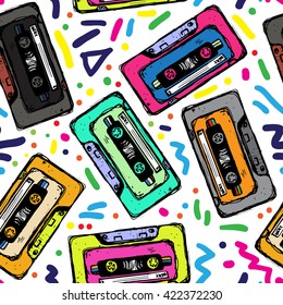 Pop Audio Background. Cassette Tape Seamless Pattern.