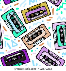 Pop audio background. Cassette tape seamless pattern.
