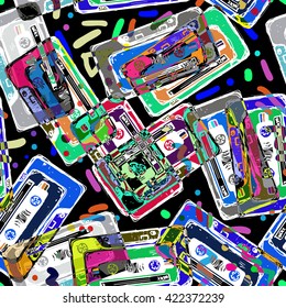 Pop audio background. Cassette tape seamless pattern.