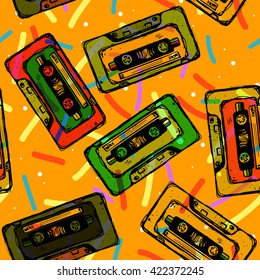 Pop audio background. Cassette tape seamless pattern.