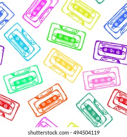 Pop audio cassette seamless pattern. Rock and roll background.