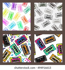 Pop audio cassette seamless pattern. Rock and roll background.