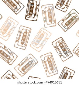 Pop audio cassette seamless pattern. Rock and roll background.