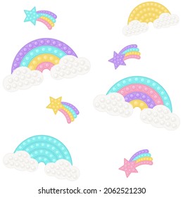 Pop it background as a fashionable silicon fidget toys. Addictive anti-stress toy in pastel colors. Bubble popit background with rainbow, star, unicorn, heart, shell. Vector illustration wide format.