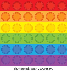 Pop it background.Pattern with rainbow circles.Silicon fidget toy.Bubble popits for kids.Addictive anti-stress concept.Pride month wallpaper.Cartoon vector illustration.Flat design.