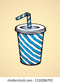 Pop blue plastic tare of cool ice sweet gas softdrink coctail on white background. Bright cyan color line hand drawn mug logo sketch in art doodle cartoon style. Close up view with space for text