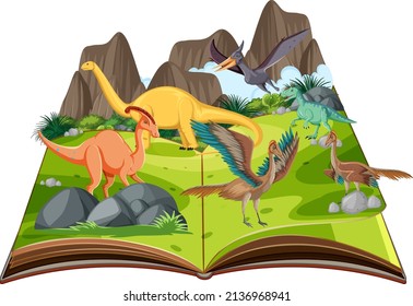 Pop up book with outdoor nature scene and dinosaur illustration