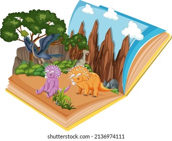 Pop up book with outdoor nature scene and dinosaur illustration