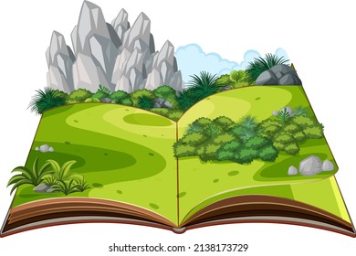 Pop up book with outdoor nature scene illustration