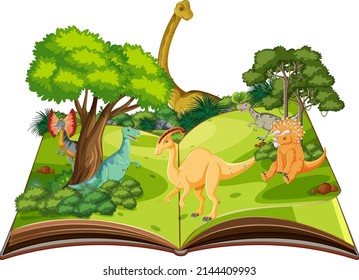 Pop up book with outdoor nature scene and dinosaur illustration