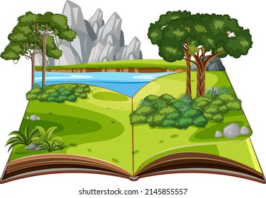 Pop up book with outdoor nature scene illustration
