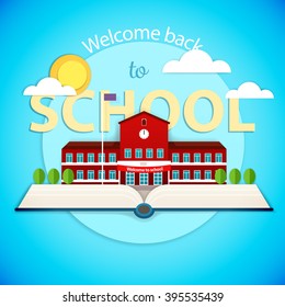 Pop up book with school building in applique style - vector stock illustration