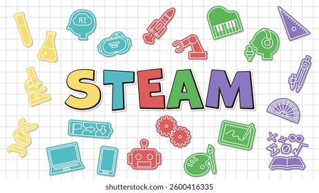 A pop and bright title design representing STEAM education. A symbol of learning science, technology, engineering, art, and mathematics.