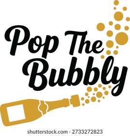 Pop La Ilustración vectorial de diseño de tipografía de botella burbujeante para celebración de fiesta, víspera de año nuevo y bebida nupcial sobre fondo transparente.