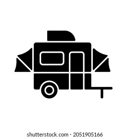 Pop up camper black glyph icon. Campground for tourist to rest. Recreational vehicle. Roadtrip gear. Nomadic lifestyle. Summer vacation. Silhouette symbol on white space. Vector isolated illustration svg