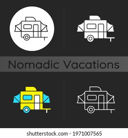 Pop up camper dark theme icon. Campground for tourist to rest. Recreational vehicle. Nomadic lifestyle. Summer vacation. Linear white, simple glyph and RGB color styles. Isolated vector illustrations svg